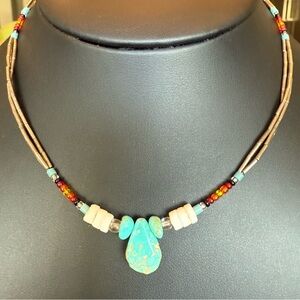 Southwestern Turquoise Beaded Multi Strand Silver Tone Tube Bead Necklace 15”